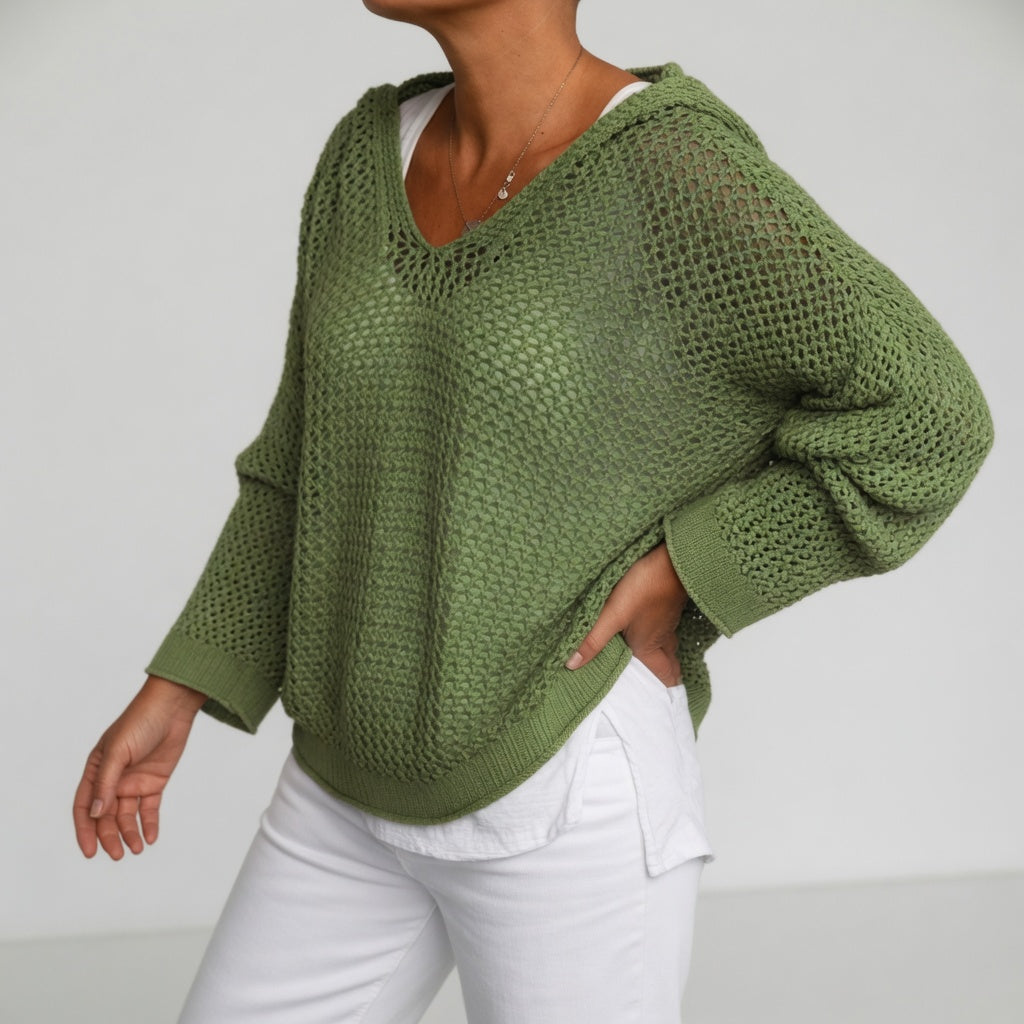 Évarielle™ — Open Knit Sweater with Relaxed Collar