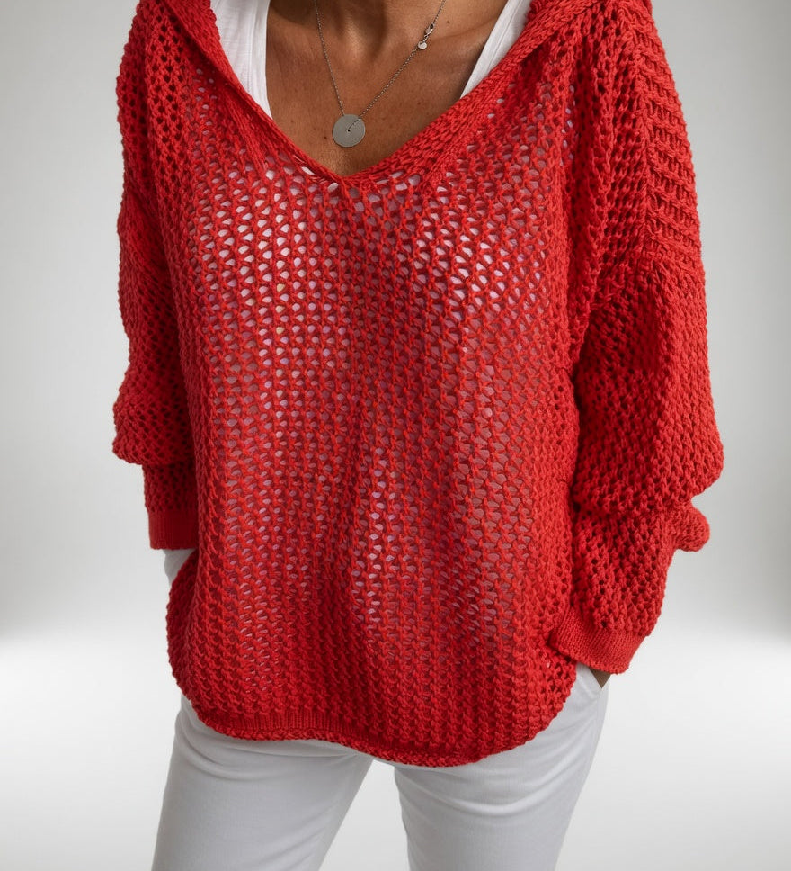 Évarielle™ — Open Knit Sweater with Relaxed Collar