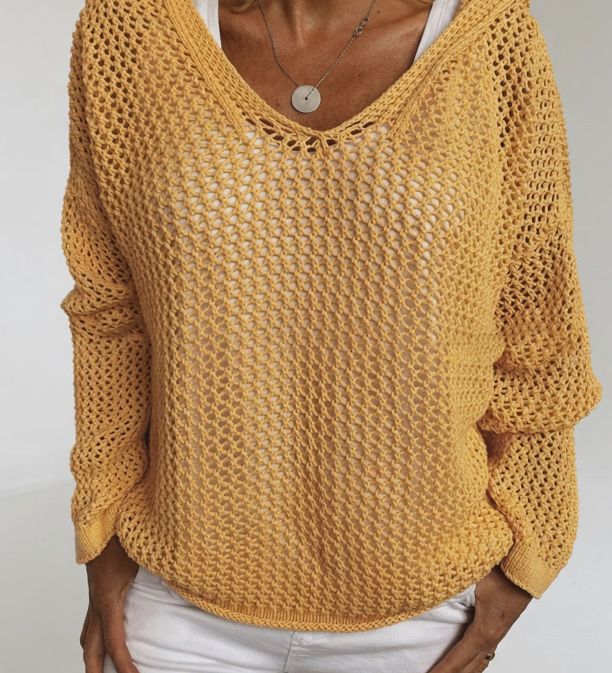 Évarielle™ — Open Knit Sweater with Relaxed Collar