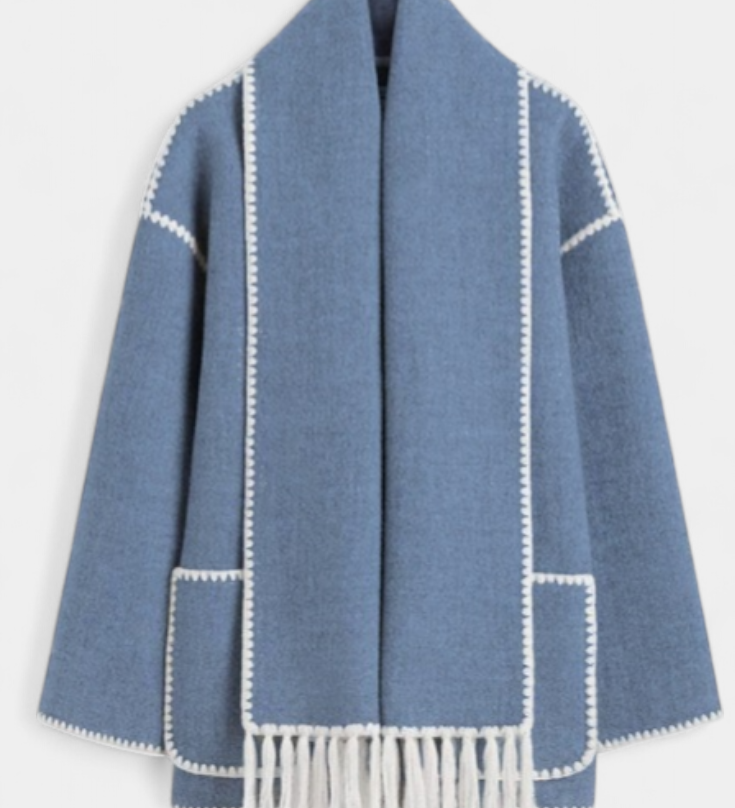 Pauline Loose-Fit Coat with Integrated Fringed Scarf