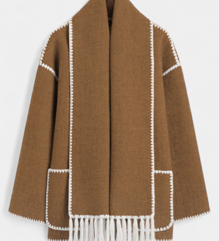 Pauline Loose-Fit Coat with Integrated Fringed Scarf