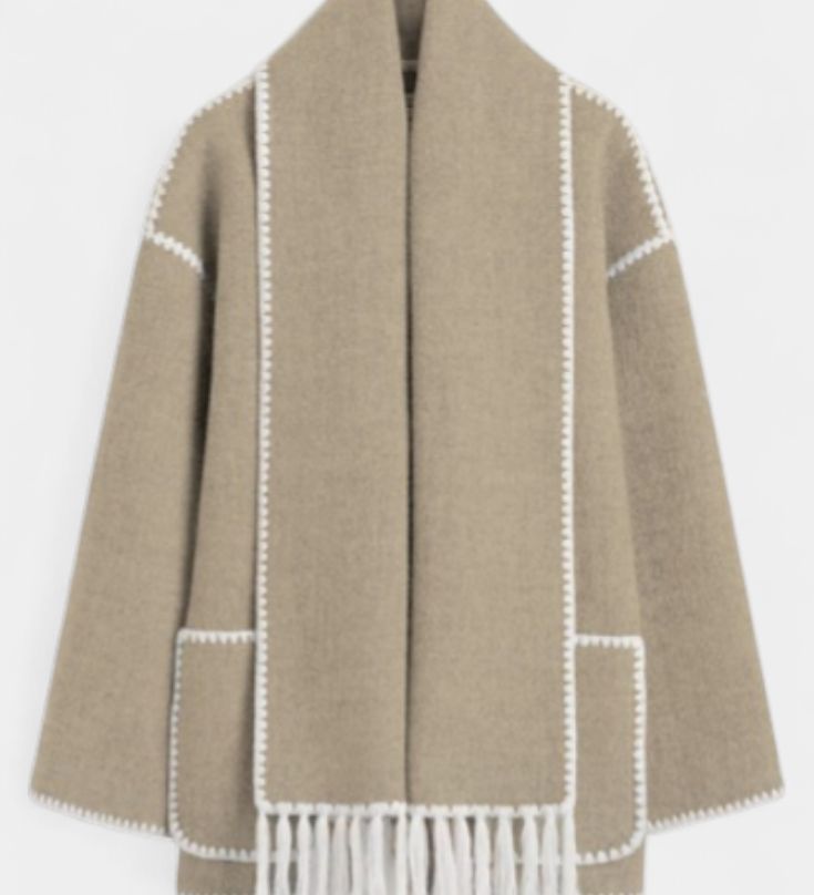 Pauline Loose-Fit Coat with Integrated Fringed Scarf